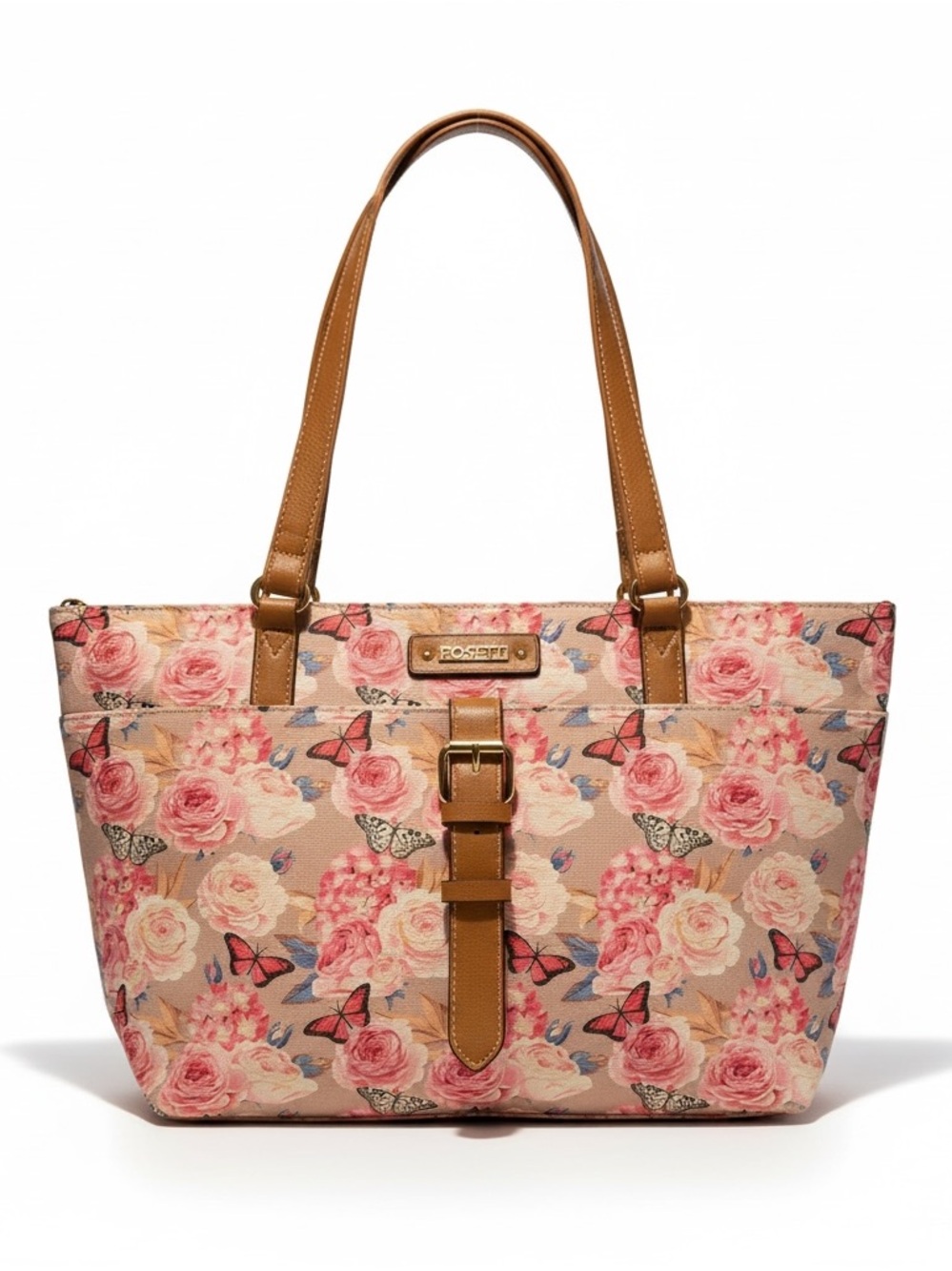 Rossetti Pink Floral & Butterfly Print Tote / Shoulder Purse Pink / Tan PVC